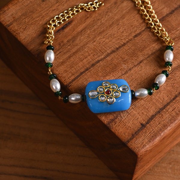 MDB855- Blue and White Colour Gold Plated Jadau Kundan Rakhi
