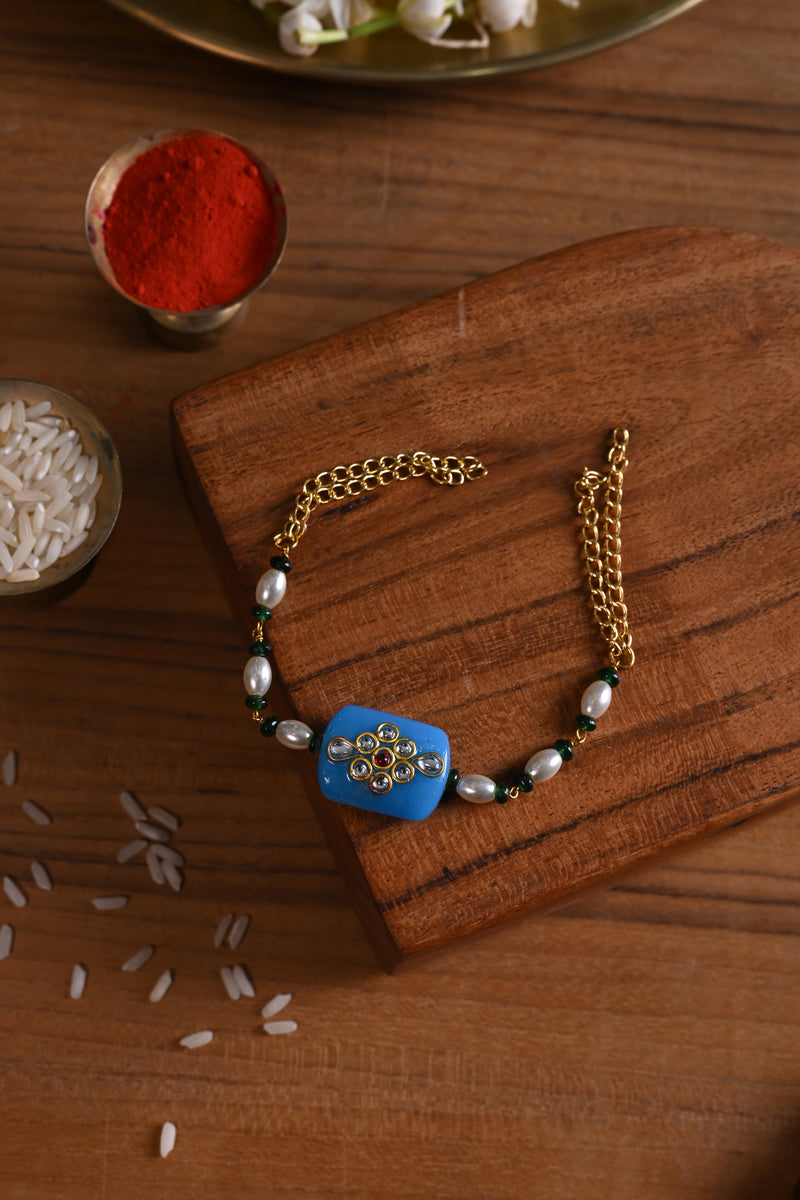 Blue and White Colour Gold Plated Jadau Kundan Rakhi