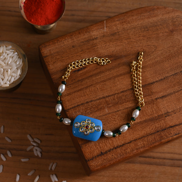 MDB855- Blue and White Colour Gold Plated Jadau Kundan Rakhi