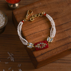 MDB854- Red and White Colour Gold Plated Jadau Kundan Rakhi