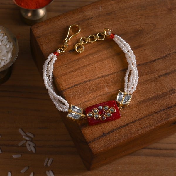 MDB854- Red and White Colour Gold Plated Jadau Kundan Rakhi