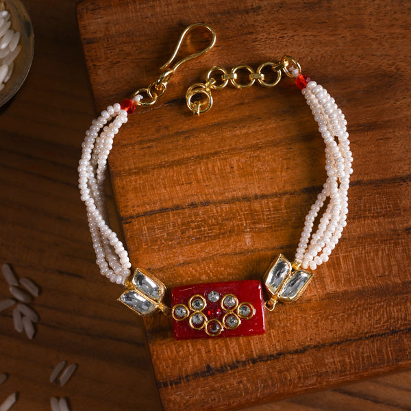 MDB854- Red and White Colour Gold Plated Jadau Kundan Rakhi