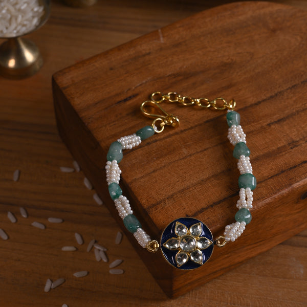 MDB856- Blue and White Colour Gold Plated Jadau Kundan Rakhi