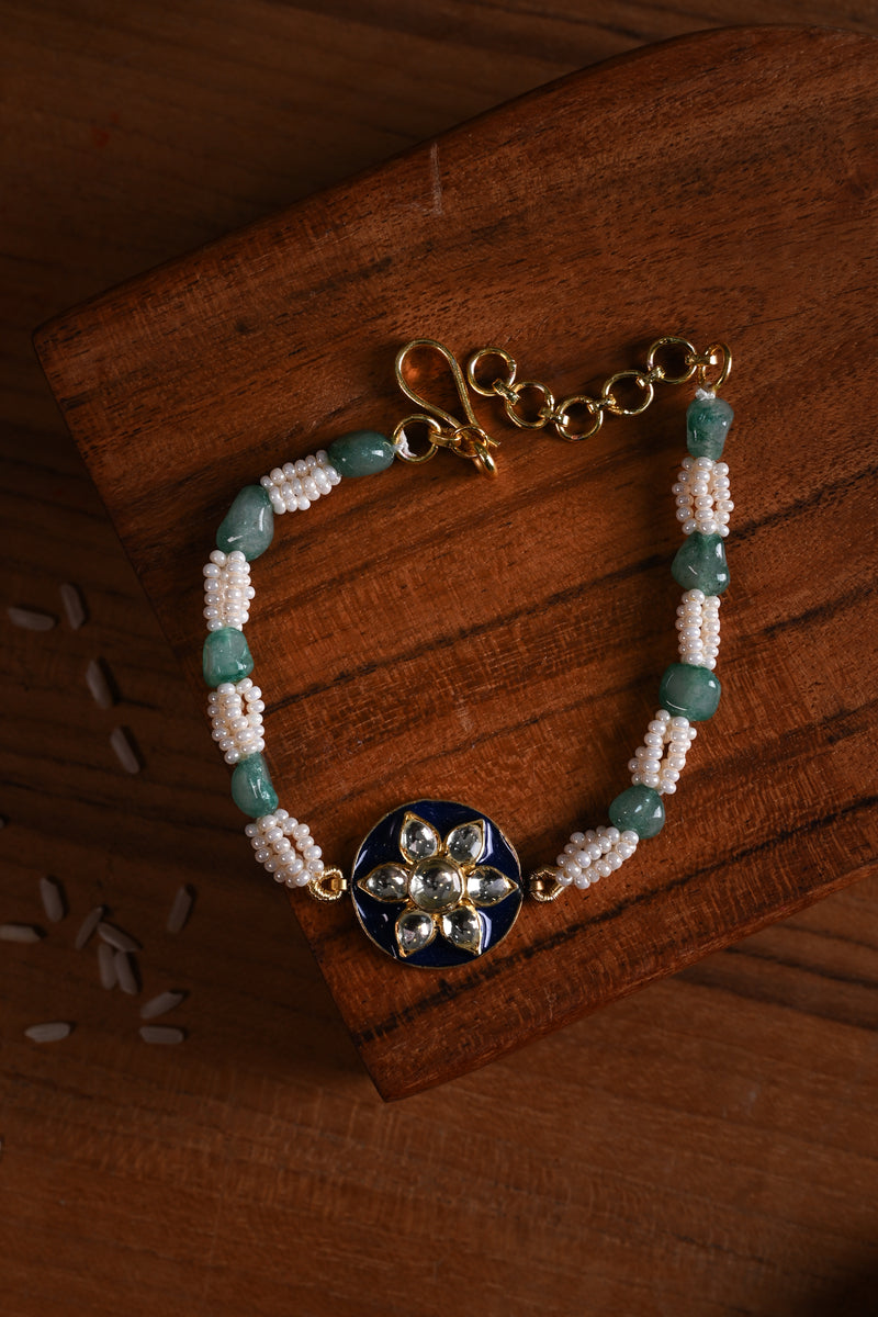Blue and White Colour Gold Plated Jadau Kundan Rakhi