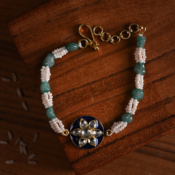 MDB856- Blue and White Colour Gold Plated Jadau Kundan Rakhi