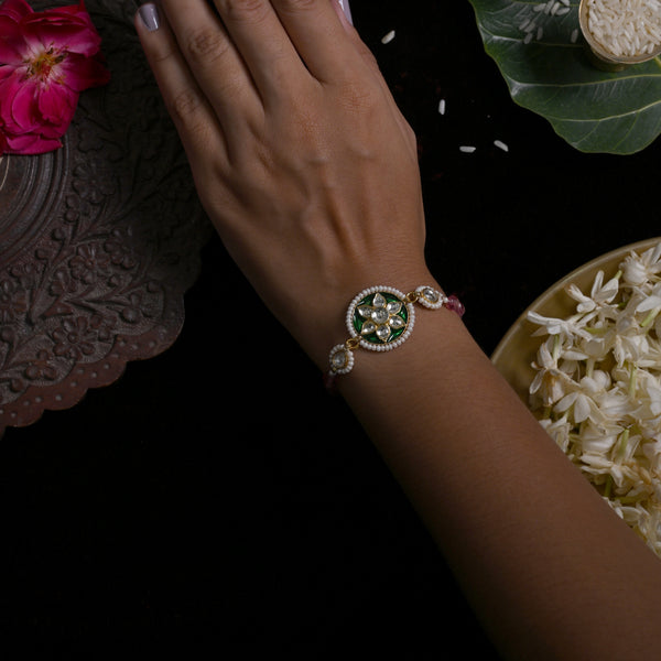 MDB847- Multi Colour Gold Plated Jadau Kundan Rakhi