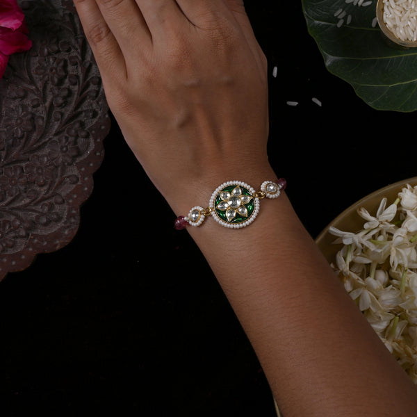 MDB847- Multi Colour Gold Plated Jadau Kundan Rakhi