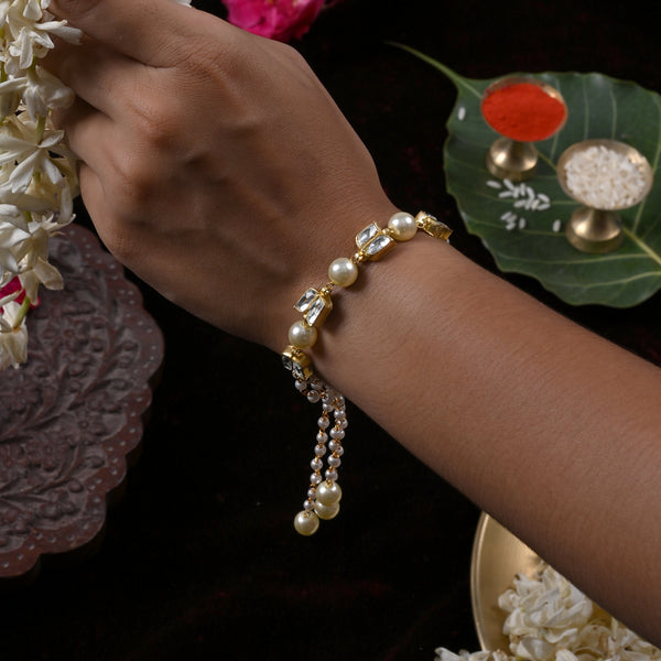 MDB857- White Colour Gold Plated Jadau Kundan Rakhi