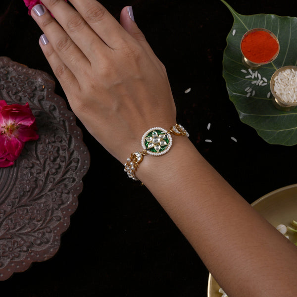 MDB850- Green and White Colour Gold Plated Jadau Kundan Rakhi