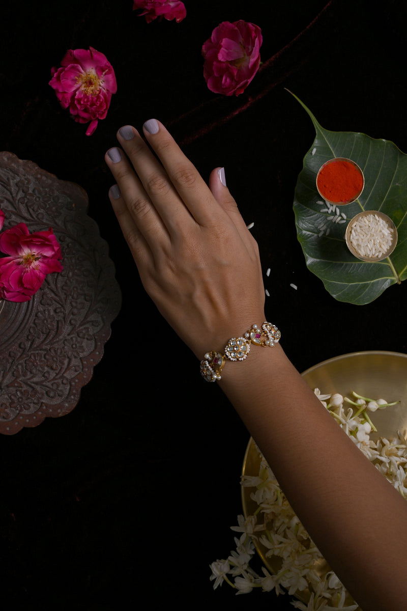 White and Pink Colour Gold Plated Jadau Kundan Rakhi