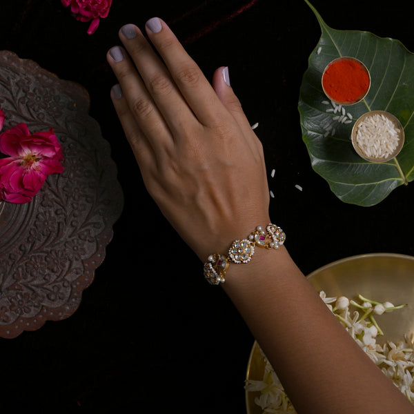 MDB851- White and Pink Colour Gold Plated Jadau Kundan Rakhi