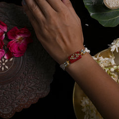 MDB854- Red and White Colour Gold Plated Jadau Kundan Rakhi