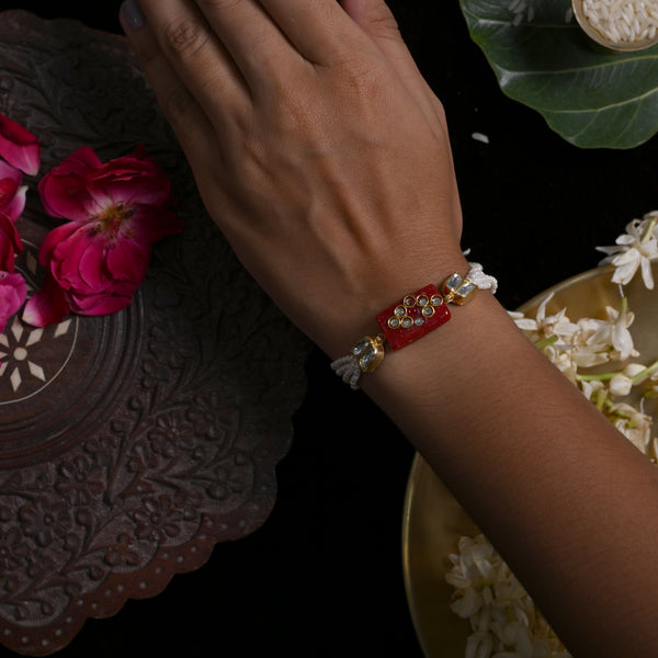 MDB854- Red and White Colour Gold Plated Jadau Kundan Rakhi