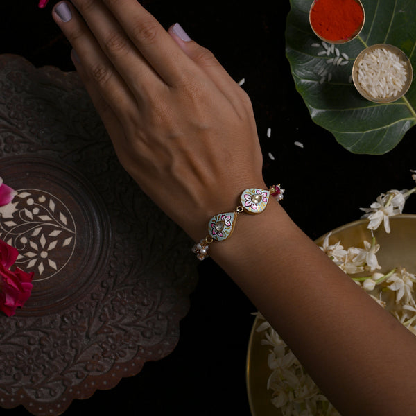 MDB846- Multi Colour Gold Plated Jadau Kundan Rakhi
