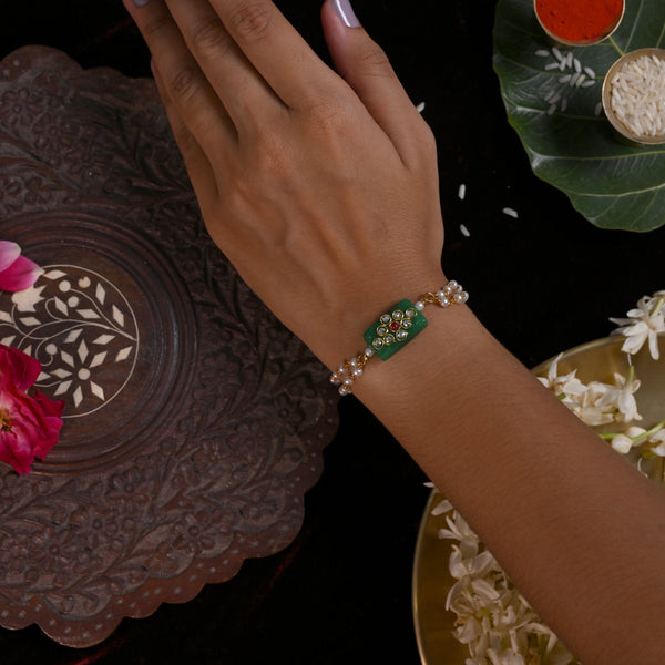 MDB852- Green Colour Gold Plated Jadau Kundan Rakhi