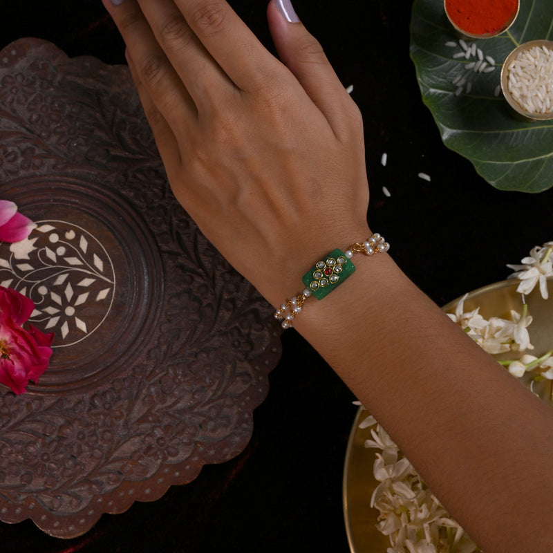 MDB852- Green Colour Gold Plated Jadau Kundan Rakhi
