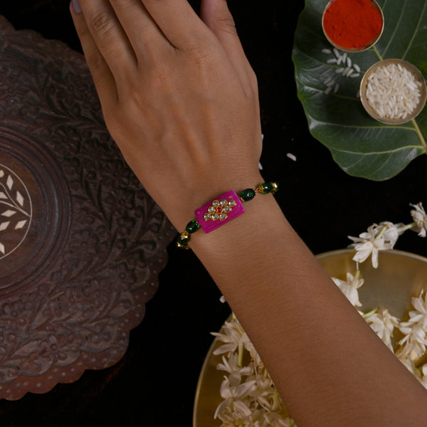MDB853- Pink and Green Colour Gold Plated Jadau Kundan Rakhi