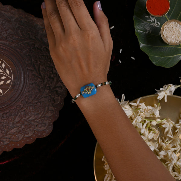 MDB855- Blue and White Colour Gold Plated Jadau Kundan Rakhi