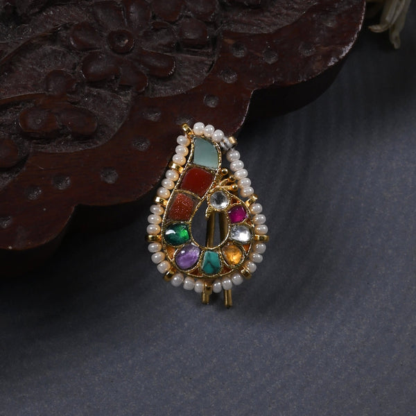 MDBR270- Multi Colour Gold Plated Jadau Kundan Peacock Motif Juda Pin