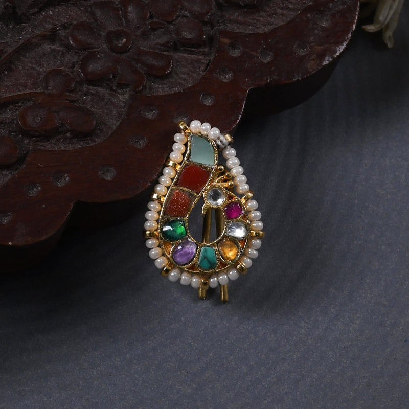 MDBR270- Multi Colour Gold Plated Jadau Kundan Peacock Motif Juda Pin