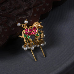 MDBR269- Pink and Green Colour Gold Plated Jadau Kundan Horse Motif Juda Pin