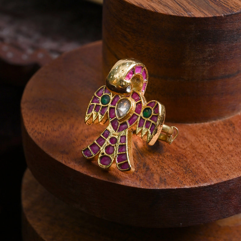 MDE793- Multi Colour Gold Plated Jadau Kundan Eagle Motif Ring