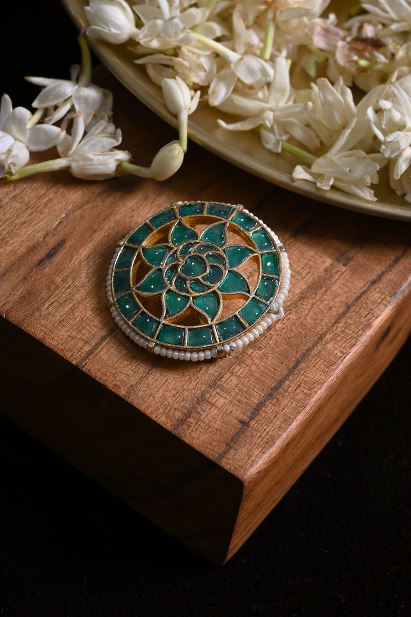 Green Colour Gold Plated Jadau Kundan Brooch