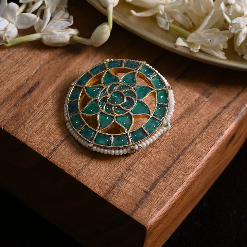 MDBU873- Green Colour Gold Plated Jadau Kundan Brooch
