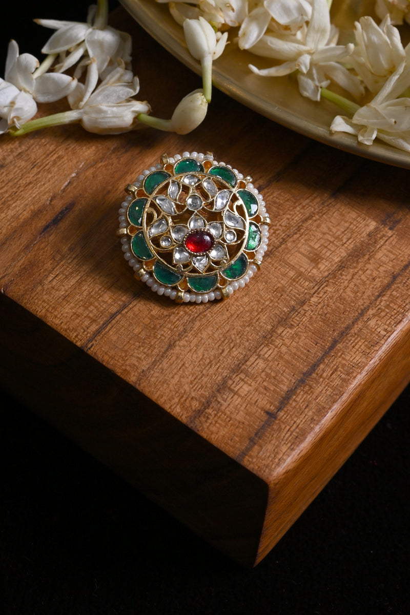 Multi Colour Gold Plated Jadau Kundan Brooch