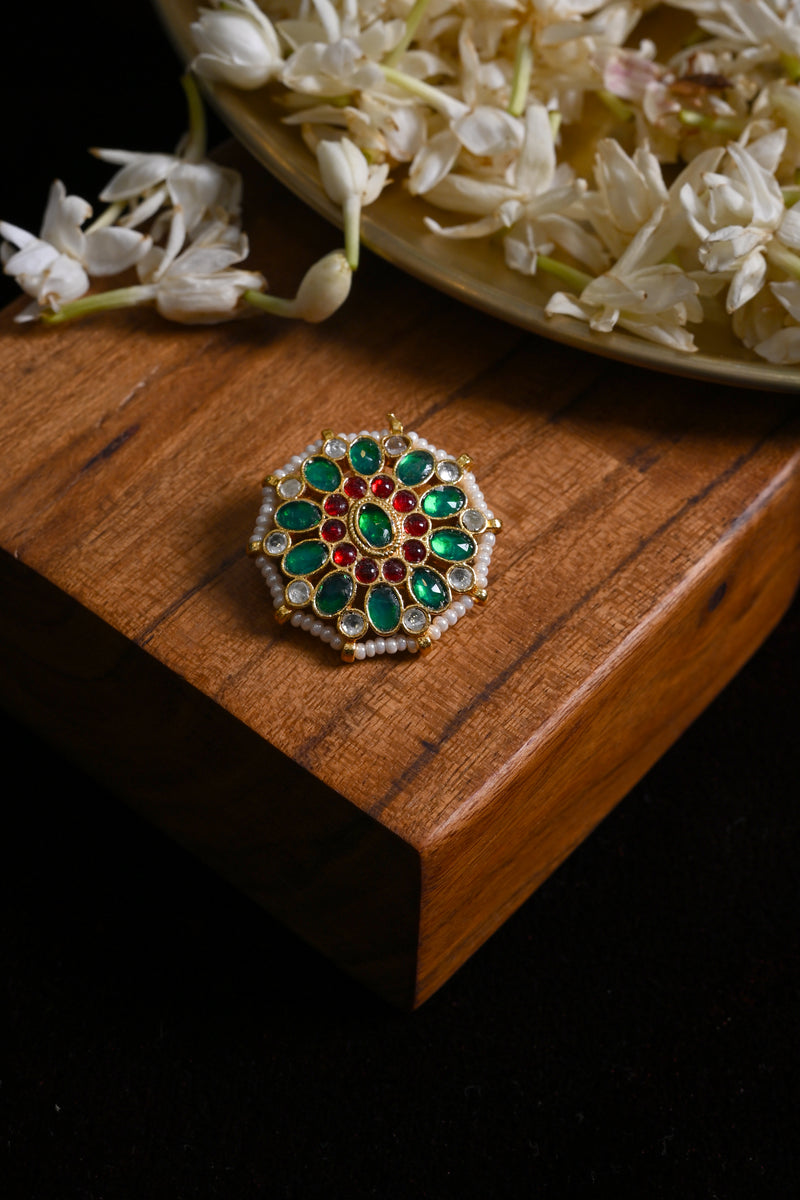 Multi Colour Gold Plated Jadau Kundan Brooch