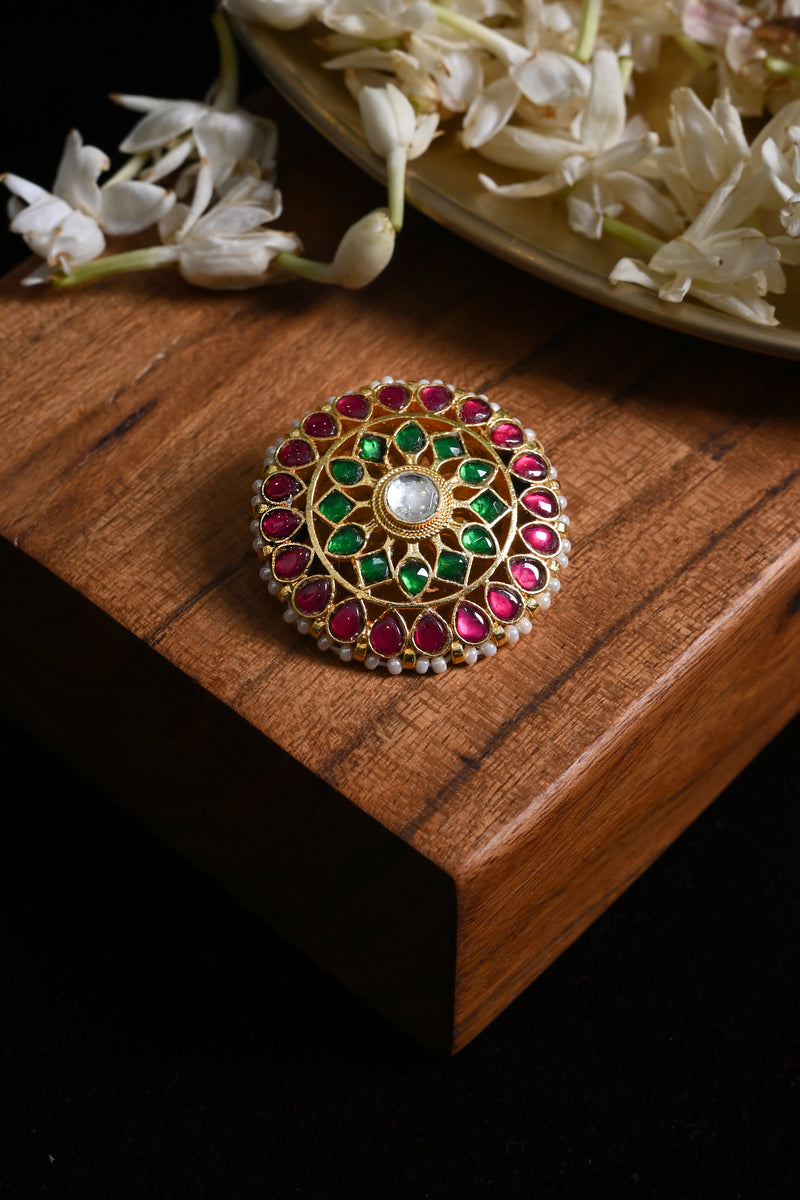Multi Colour Gold Plated Jadau Kundan Brooch