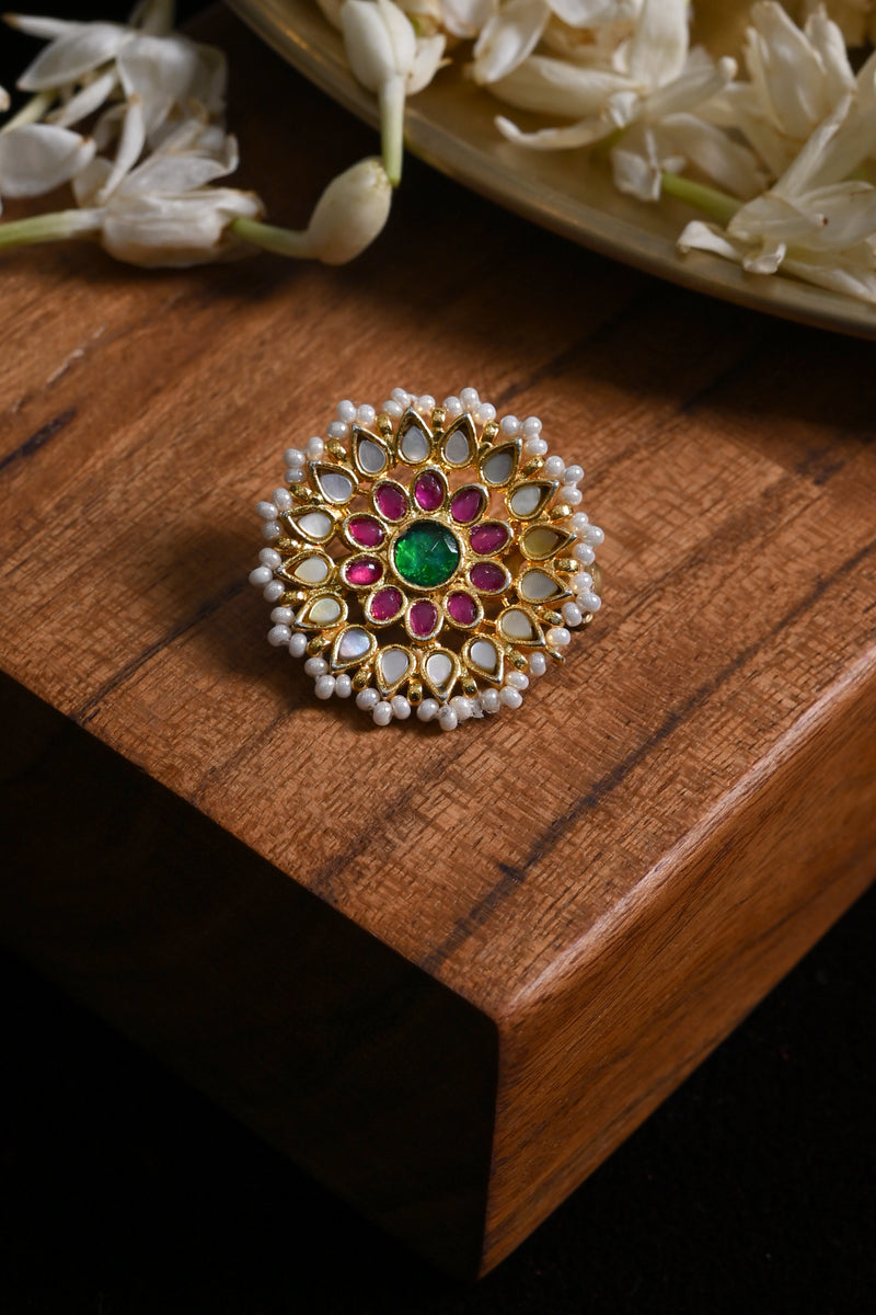 Multi Colour Gold Plated Jadau Kundan Brooch