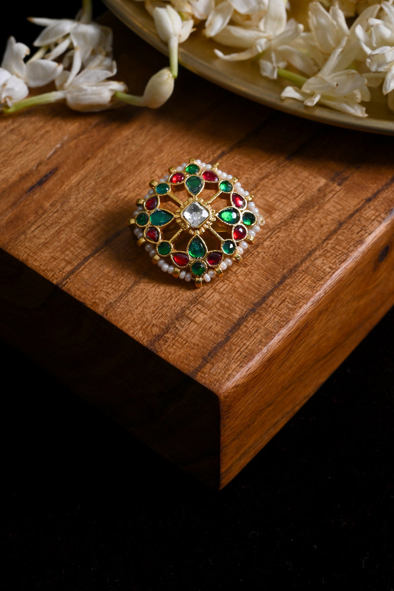 Multi Colour Gold Plated Jadau Kundan Brooch