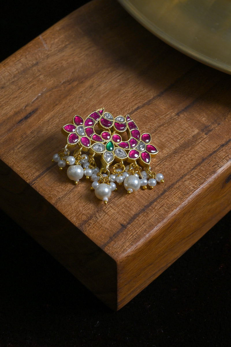 Multi Colour Gold Plated Jadau Kundan Brooch