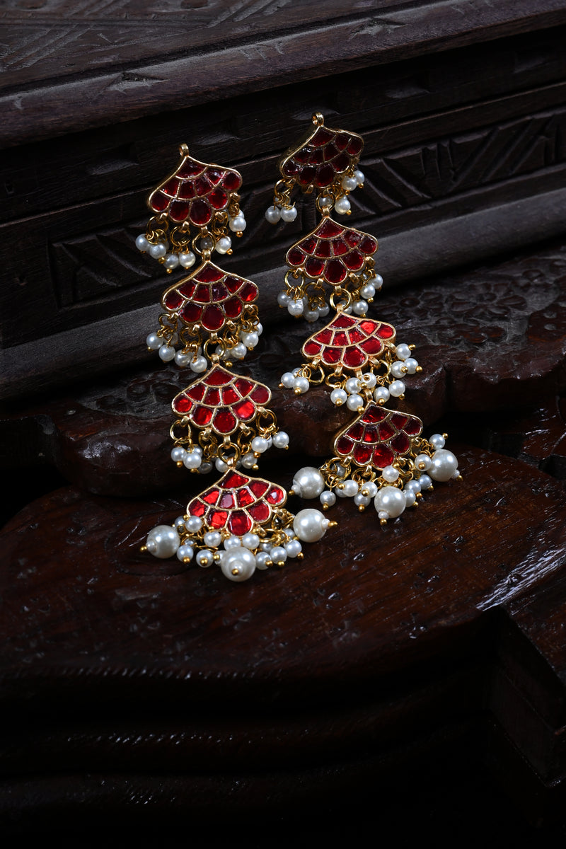 Red Colour Gold Plated Jadau Kundan Dangler Earrings