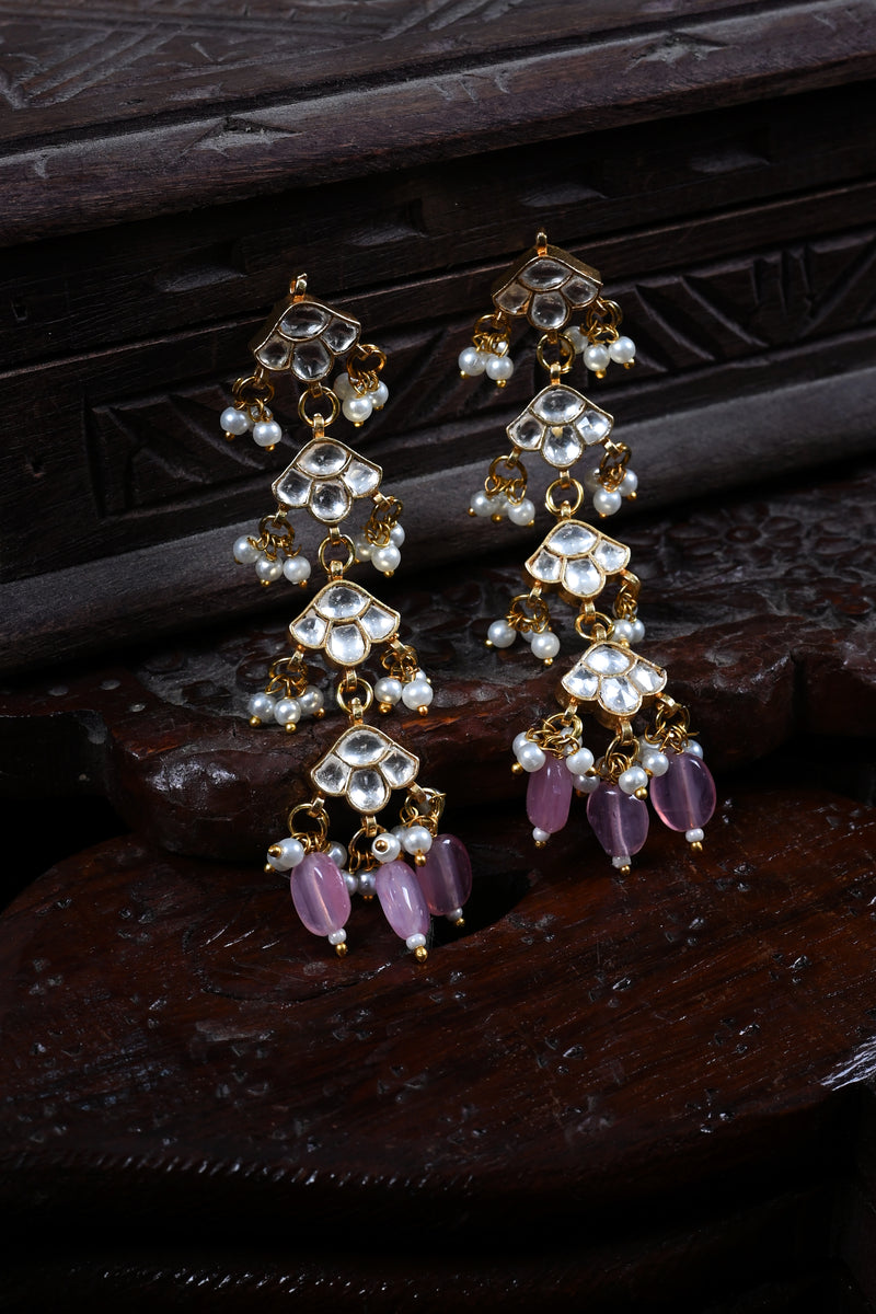 White Colour Gold Plated Jadau Kundan Dangler Earrings