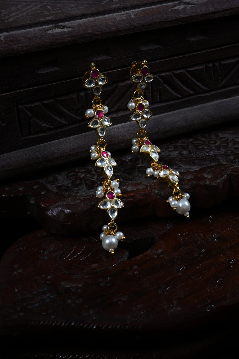 Pink and White Colour Gold Plated Jadau Kundan Dangler Earrings