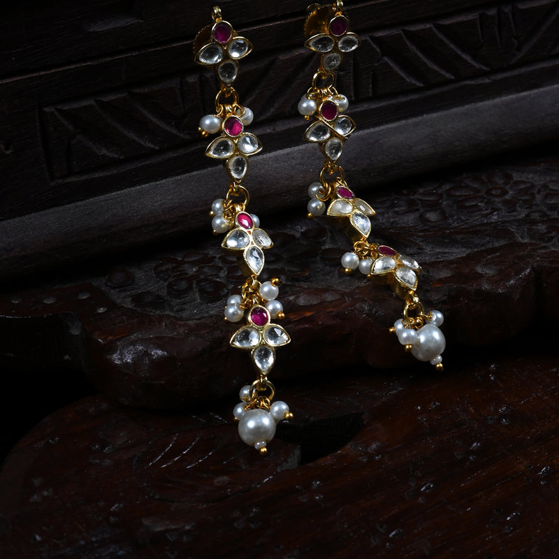 MDE666- Pink and White Colour Gold Plated Jadau Kundan Dangler Earrings