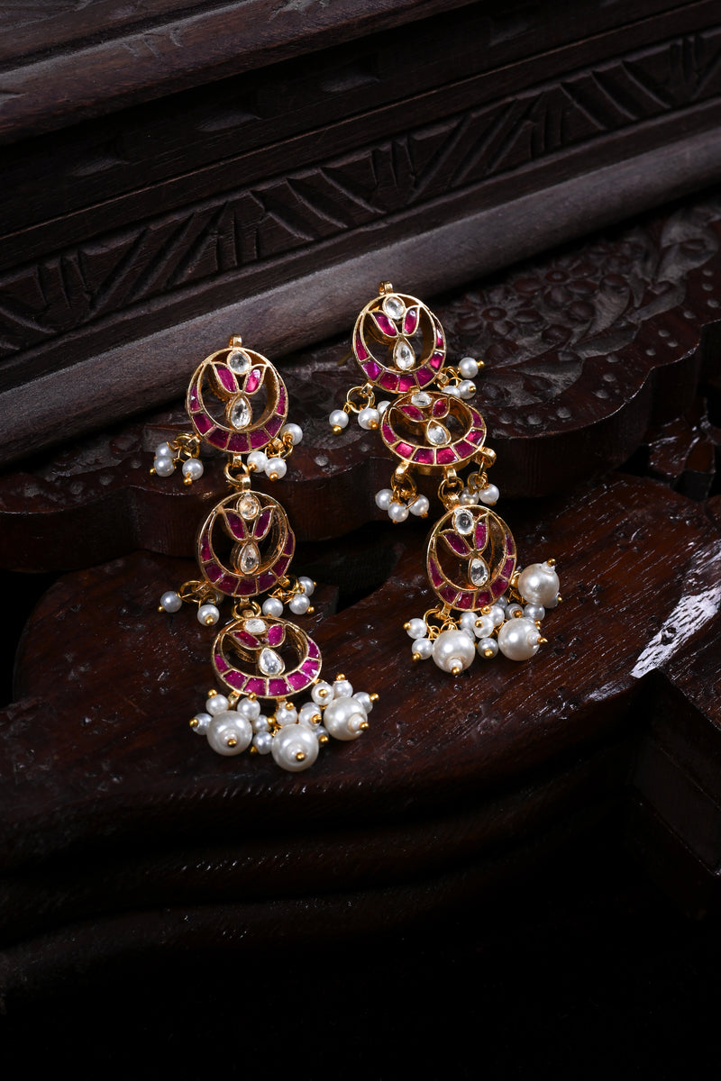 Pink and White Colour Gold Plated Jadau Kundan Dangler Earrings