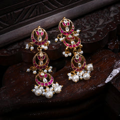 MDE661- Pink and White Colour Gold Plated Jadau Kundan Dangler Earrings