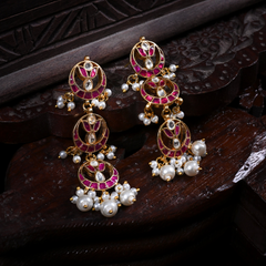 MDE661- Pink and White Colour Gold Plated Jadau Kundan Dangler Earrings