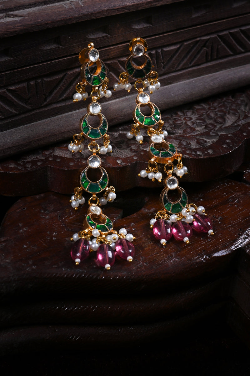 Green and White Colour Gold Plated Jadau Kundan Dangler Earrings