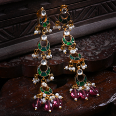 MDE662- Green and White Colour Gold Plated Jadau Kundan Dangler Earrings