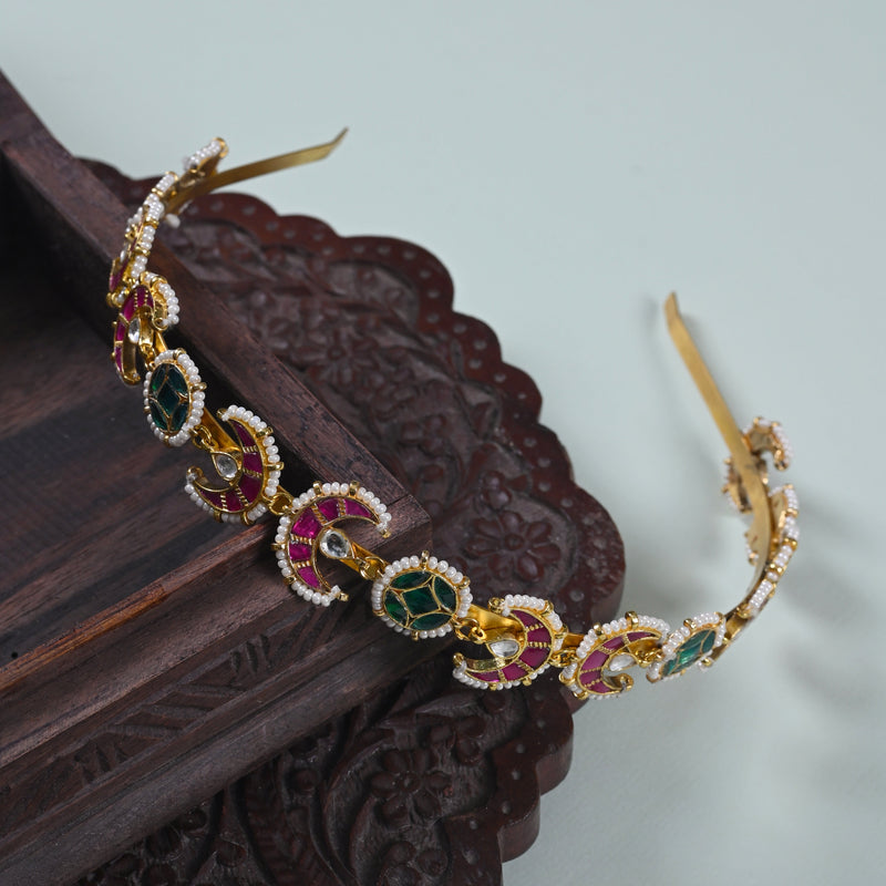 MDE825- Multi Colour Gold Plated Jadau Kundan Headband