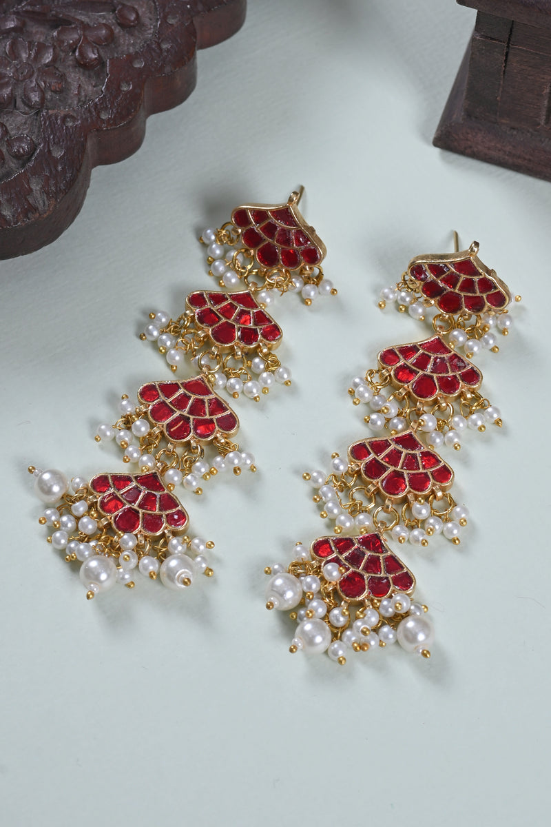Red Colour Gold Plated Jadau Kundan Dangler Earrings
