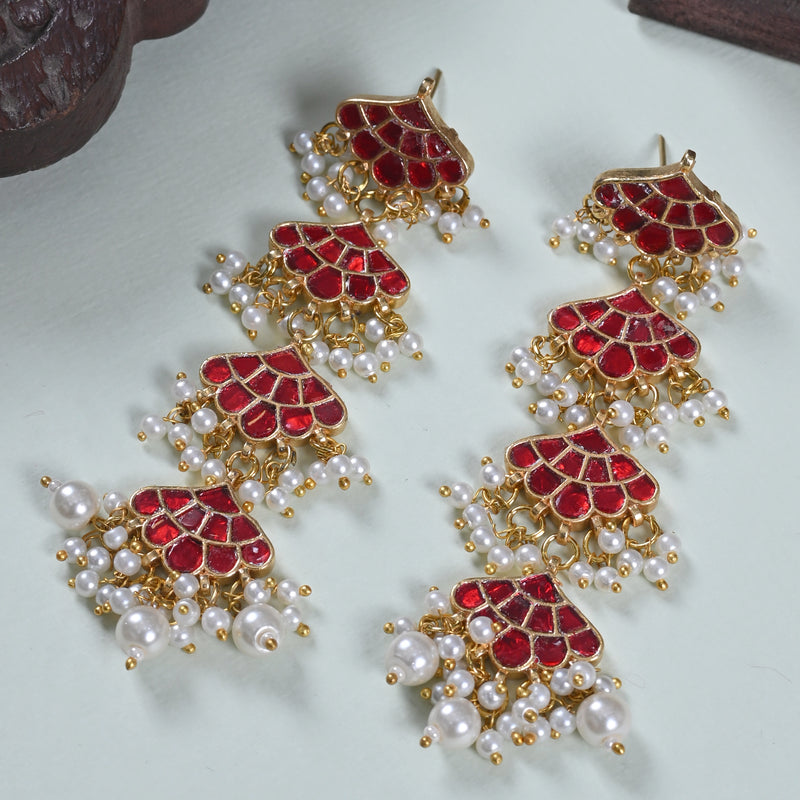 MDE664- Red Colour Gold Plated Jadau Kundan Dangler Earrings