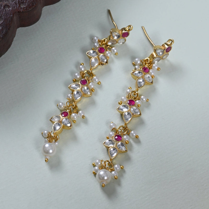 MDE666- Pink and White Colour Gold Plated Jadau Kundan Dangler Earrings