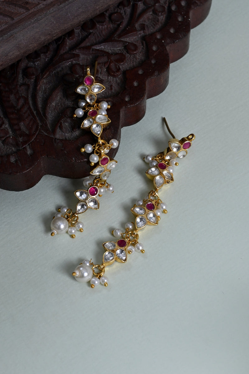 Pink and White Colour Gold Plated Jadau Kundan Dangler Earrings