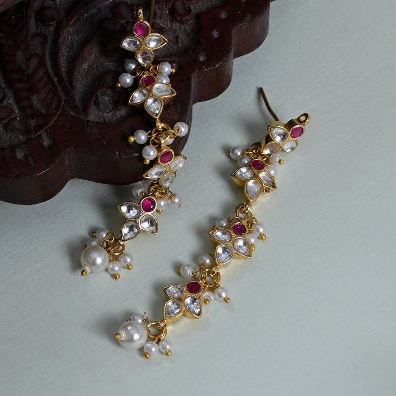 MDE666- Pink and White Colour Gold Plated Jadau Kundan Dangler Earrings