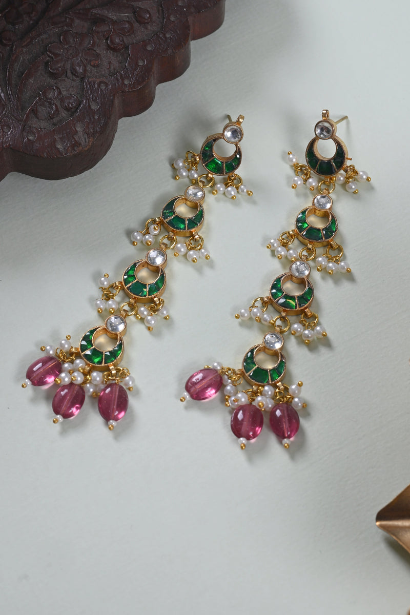 Green and White Colour Gold Plated Jadau Kundan Dangler Earrings